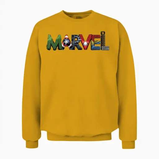 Marvel Avengers Character Text Portrait T-Shirt Small Unisex Sweatshirt in Gold