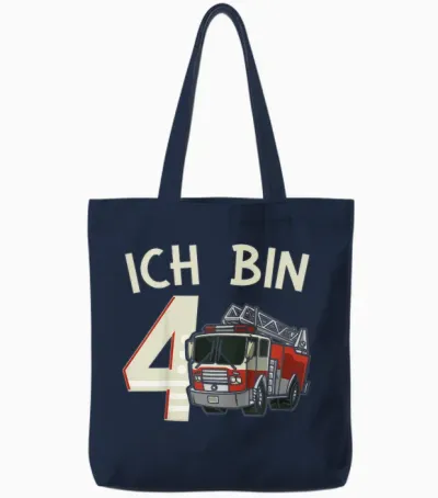 Children's 4th Birthday T-Shirt Fire Brigade Ich Bin 4, Black Tote Bags - Navy