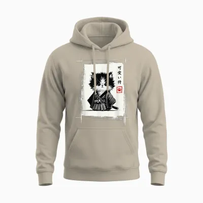 Samurai Cat Japanese Art Sumi-E Novelty Kawaii Funny Cat Unisex Hoodie - Sand