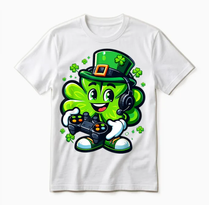 St. Patrick's Day Lucky Shamrock Gamer Video Irish Boys Kids T-Shirt, Black, S Unisex T-Shirt in White