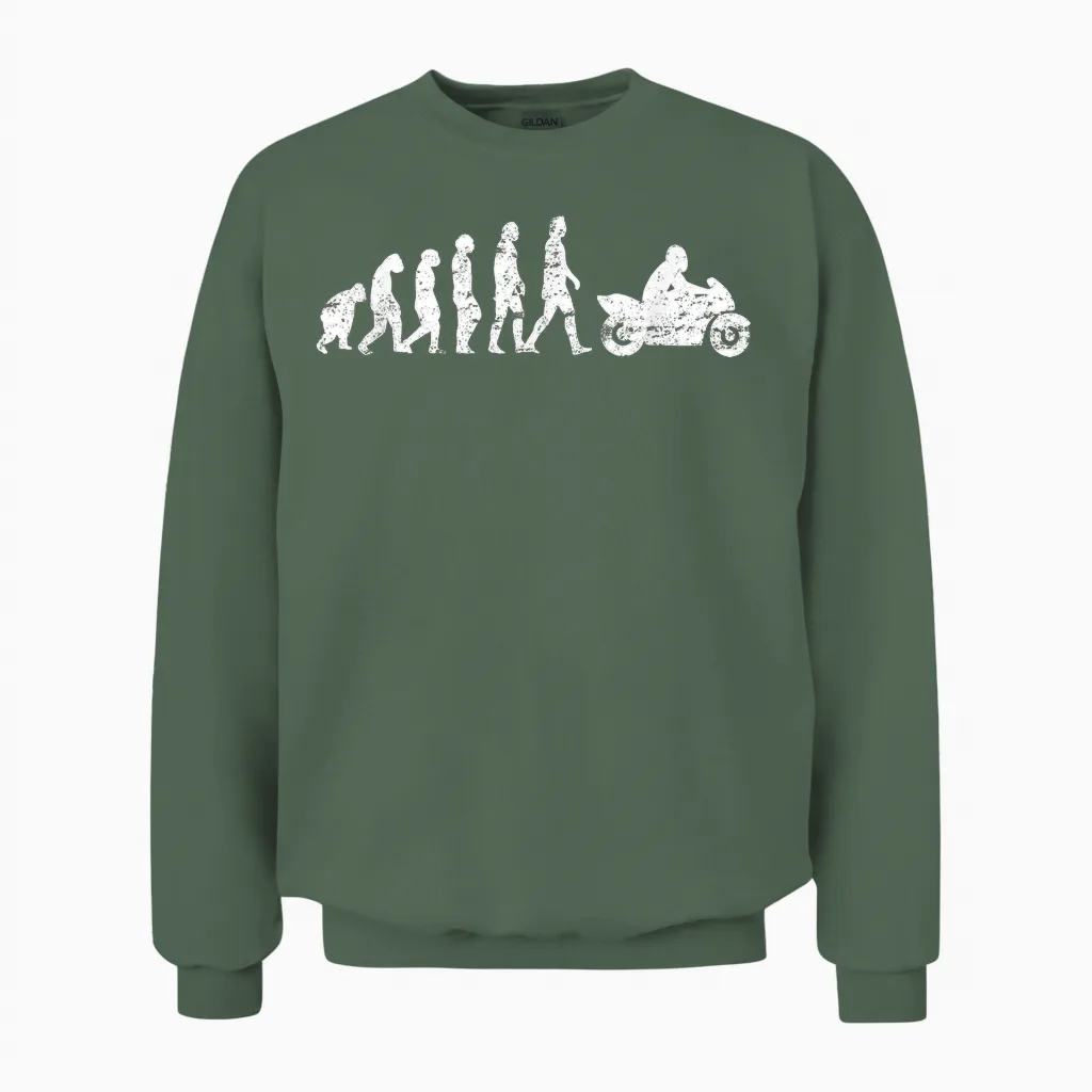 Evolution Motorcycle Motorcyclist Bike Biker Wheelie T-Shirt, Black, S Unisex Sweatshirt in Military Green