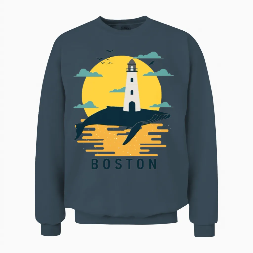 Boston Lighthouse Whale Sunset Unisex Sweatshirt in Dark Heather