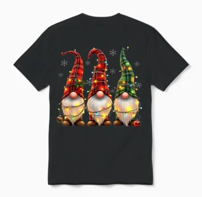 Three Gnomes Men Women Buffalo Plaid Red Christmas Unisex T-Shirt - Black