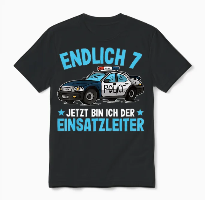 Children's Police Seven Years | 7th Birthday Boy Police T-Shirt, Black, 80 Unisex T-Shirt in Black