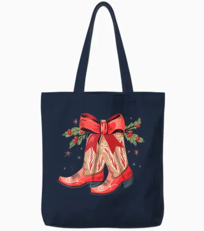 Merry and Bright Cowgirl Boot Christmas Western Cowboy Tote Bags - Navy
