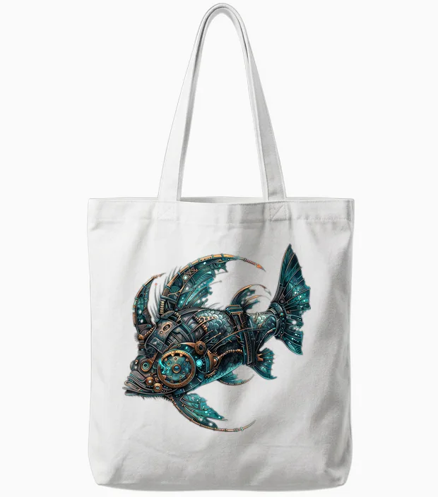 Vintage Steampunk Fisch Damen Herren Illustration Tote Bags in White