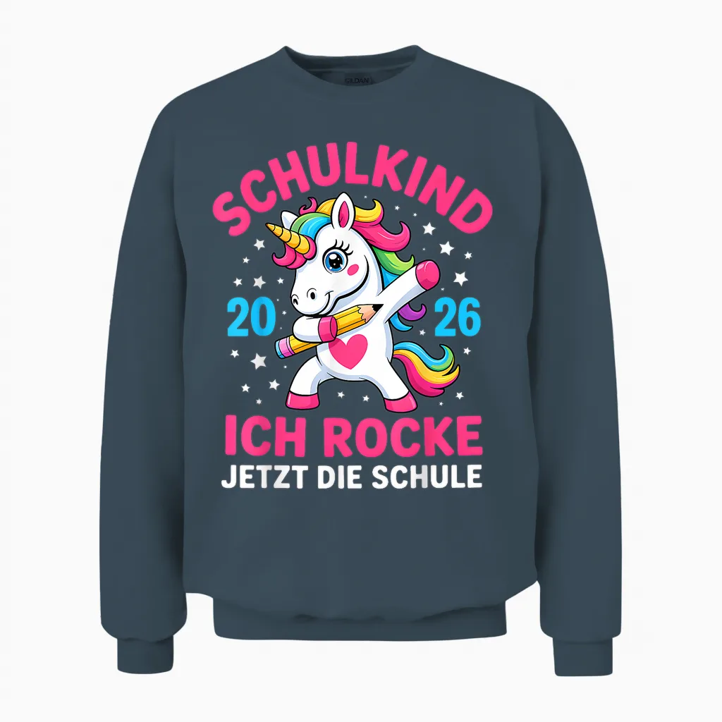 Mädchen Schulkind 2026 Ich Rocke Jetzt Die Schule Einhorn Unisex Sweatshirt in Dark Heather