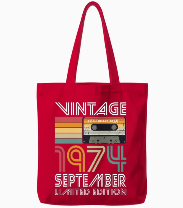 50th Birthday Vintage September 1974 Born 1974 Tote Bags in Red