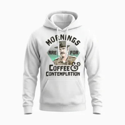 Stranger Things Hopper Mornings Are for Coffee Contemplation Unisex Hoodie - White