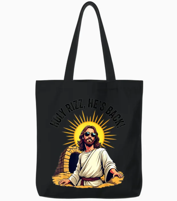 Holy Rizz, Il Est De Retour Humour Chrétien Drôle Jésus Meme Tote Bags in Black