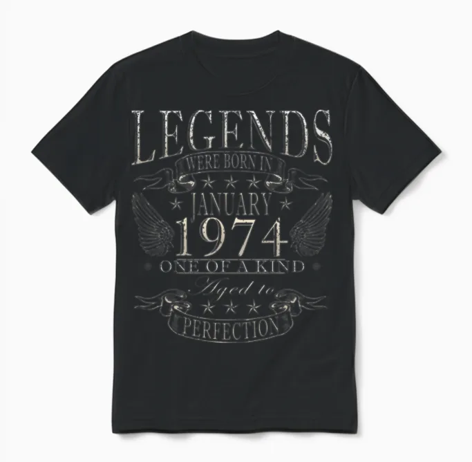 January 1974 Vintage Birthday Present Unisex T-Shirt in Black