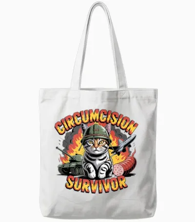 Survivor of Circumcision Funny Strange Cat Meme Tote Bags - White
