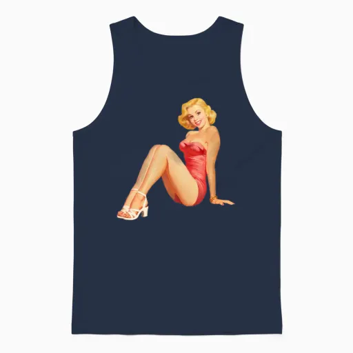 Vintage Retro Pin Up Girl in Red Unisex Tank Top in Navy