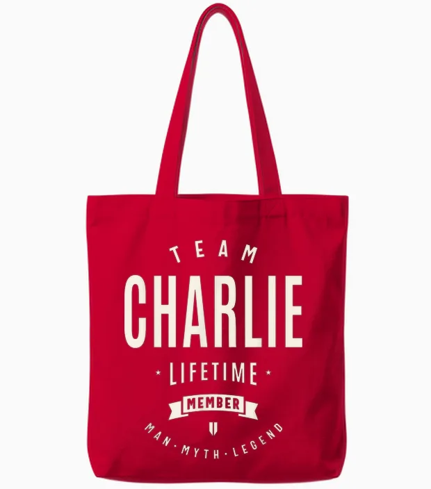 Team Charlie Lifetime Member Funny Name Charlie Tote Bags in Red