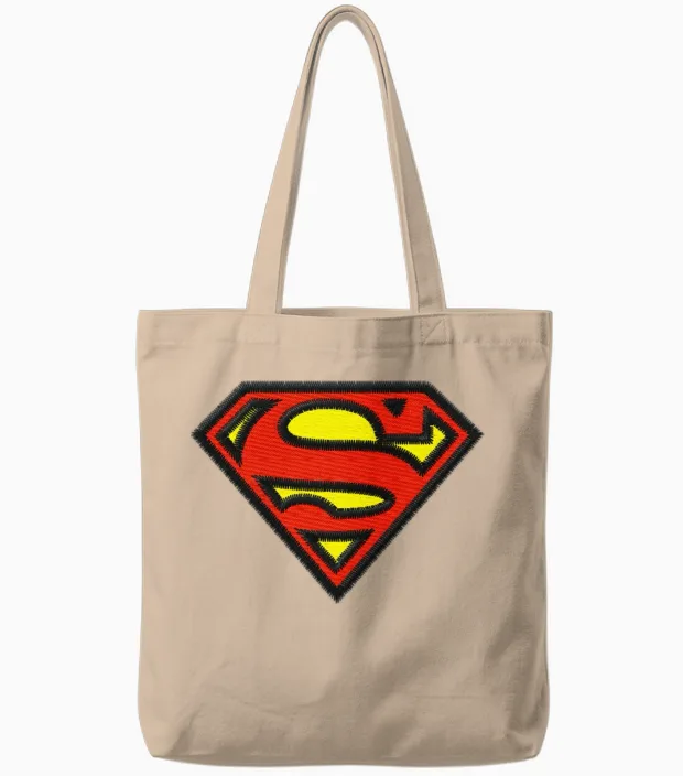 Superman Small Logo S-Shield Embroidery Tote Bags in Natural