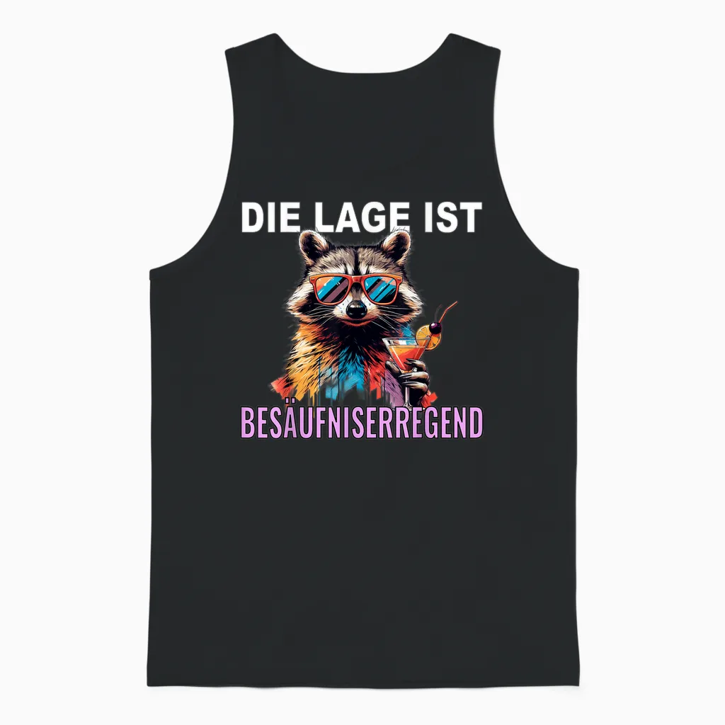T-Shirt with German Text "die Lage Ist Besäufniserregend Raccoon, Black, S Unisex Tank Top in Black