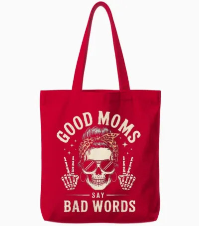 Good Moms Say Bad Words Funny Skeleton Messy Bun Mom Tote Bags - Red
