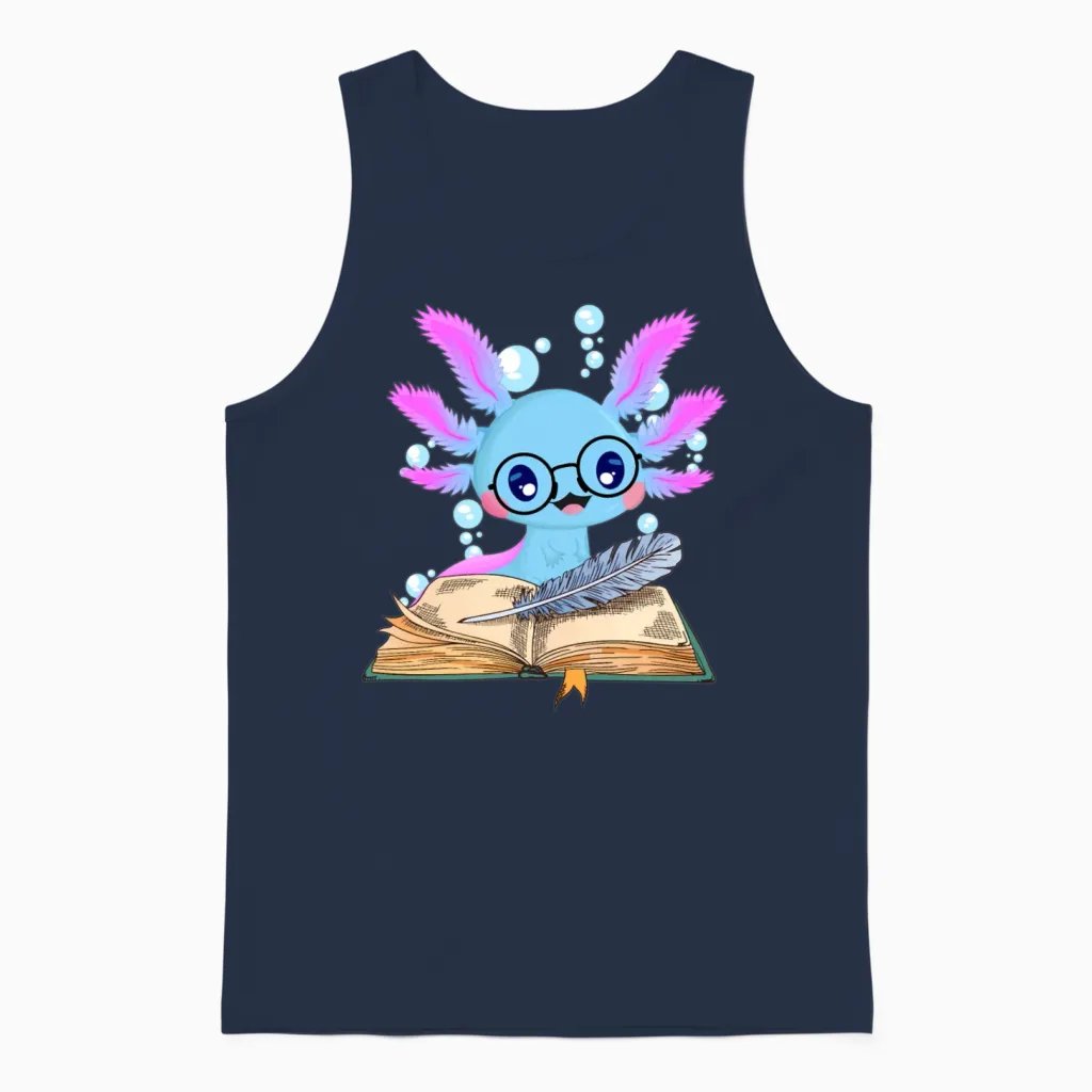 Read Book Axolotl Reading Books Lizard Unisex Tank Top in Navy
