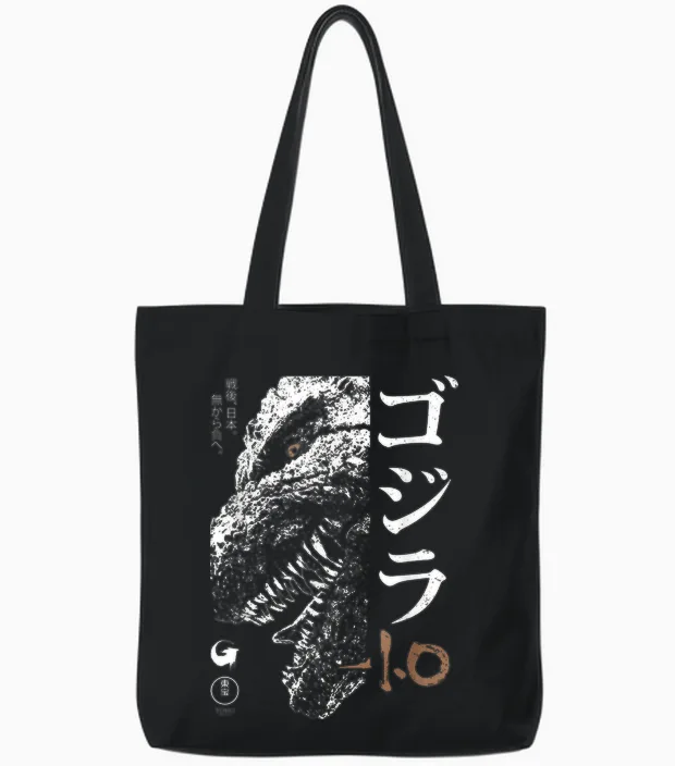 Godzilla Minus One Half Face Black & White Movie Tote Bags in Black