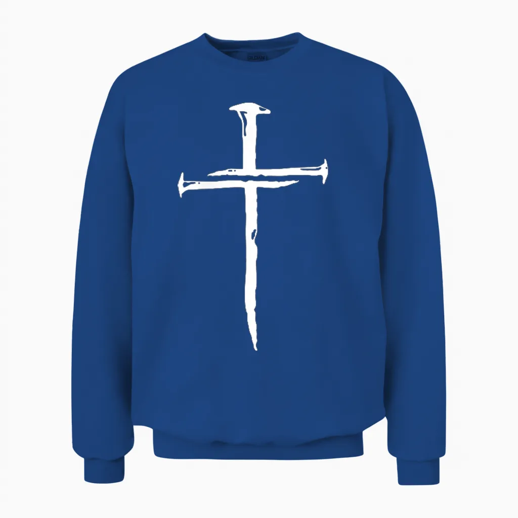 Modern Christian Faith Apparel Gifts Christian Minimalist Religious Jesus Christ Three Nails Cross Unisex Sweatshirt in Royal
