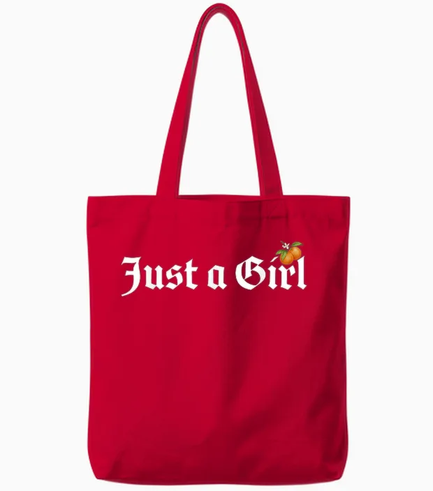Just a Girl Gothic Blackletter Typography Design for Woman Tote Bags in Red