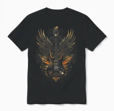 Electric Guitar with Wings Baroque Rock Design Art Unisex T-Shirt - Black