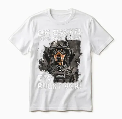 Funny Dachshund T-Shirt with German Text "ein Dackel Geht Nicht Gassi Er Rückt Vor " Ein Dachshund, Black Unisex T-Shirt - White