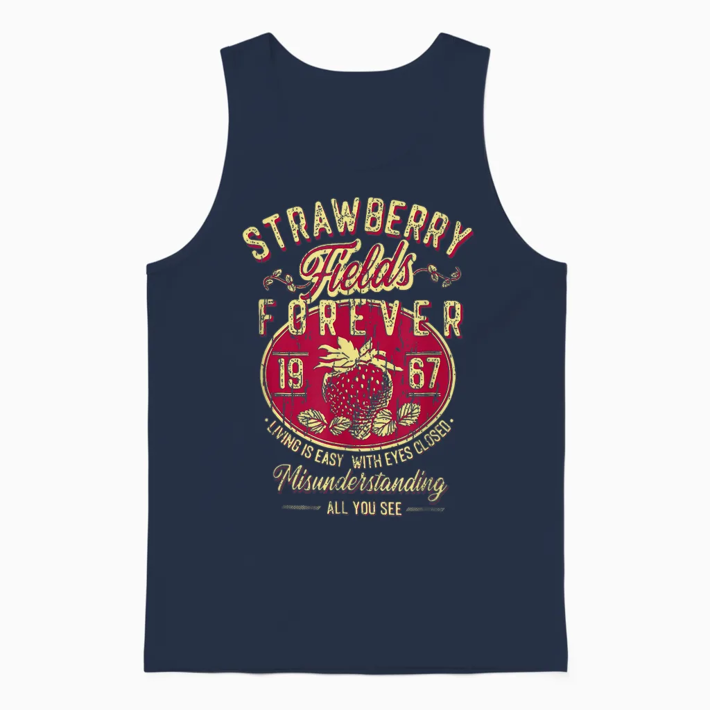 Is Easy with Eyes Closed Misunderstanding Strawberry Fields Forever Living, Retro Band T-Shirt, Small, Black Unisex Tank Top in Navy