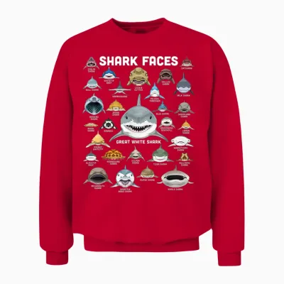 Shark Faces Shirt Shark Types Funny Biology Navy Shark T-Shirt, Black, S Unisex Sweatshirt - Red