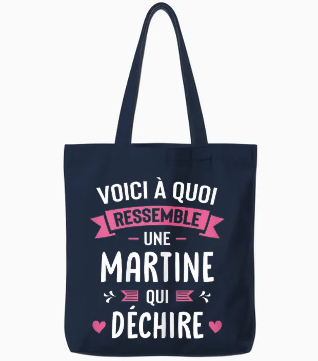 Woman Humour Personalised Gift Martine Qui Déchire T-Shirt, Black, Female X-Small Tote Bags in Navy