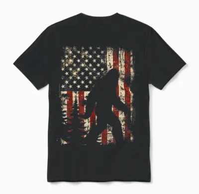 Bigfoot Sasquatch America Flag Patriotic Men Women Unisex T-Shirt - Black