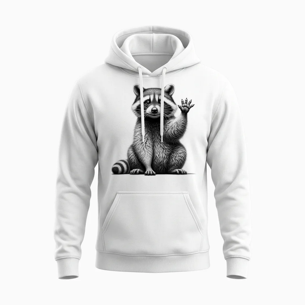 Cute Waving Raccoon Drawing Style on Chest T-Shirt, Gray Unisex Hoodie in White