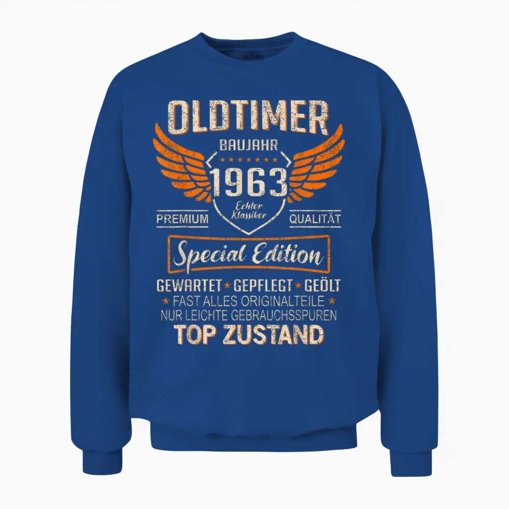 Oldtimer Year 1963 Born Vintage 1963 Birthday T-Shirt, Black Unisex Sweatshirt in Royal