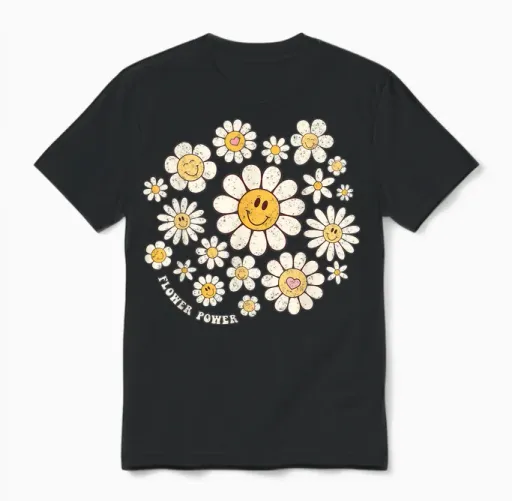 Flower Power Sweet Smile Face Flower Happy Face Flowers Girls Unisex T-Shirt in Black