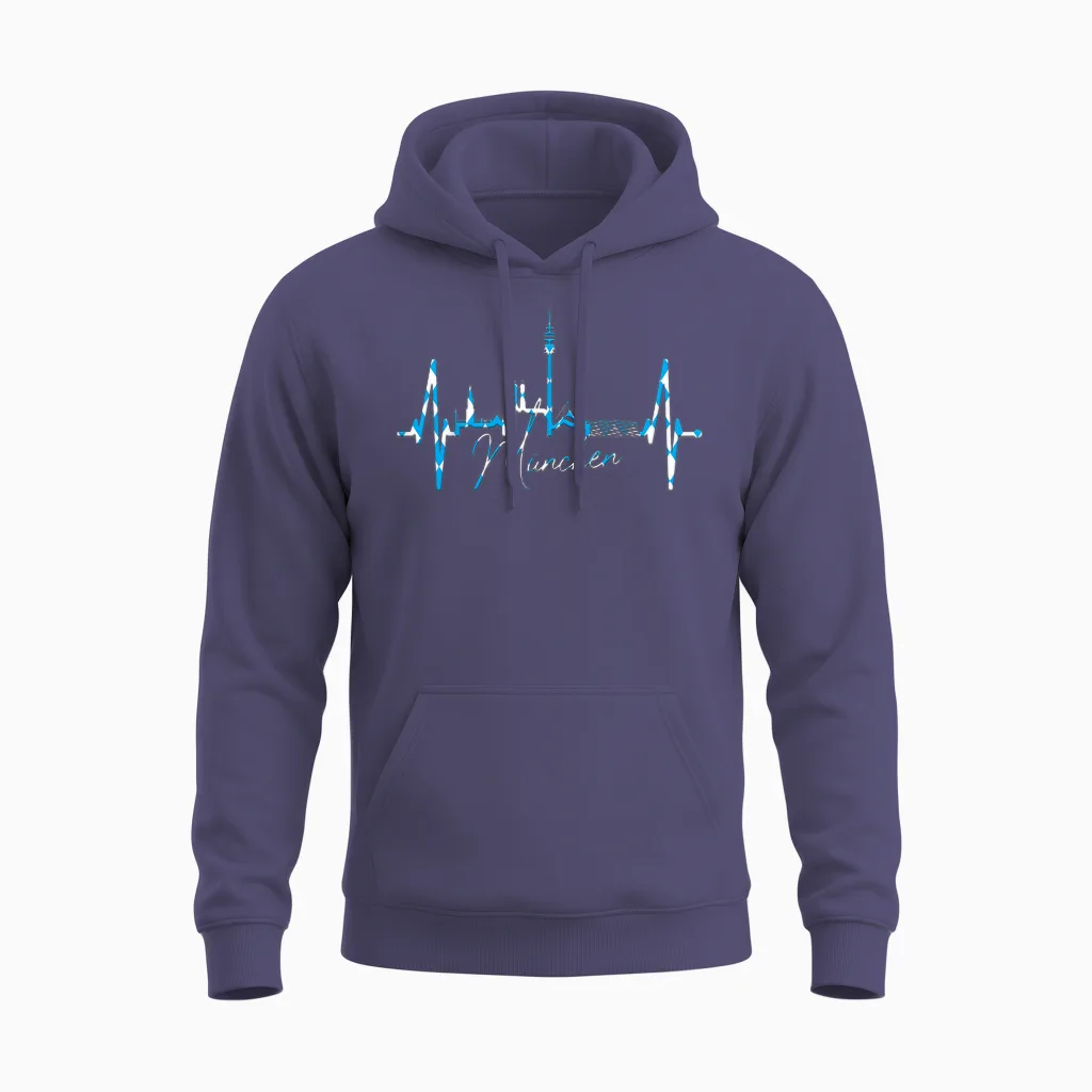 T-Shirt with German Text "münchen I Love Munich" Skyline Heartbeat, Black Unisex Hoodie in Heather Sport Dark Navy