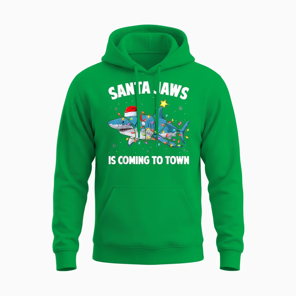 Santa Jaws Shark Christmas Lights Merry Sharkmas Xmas Boys Unisex Hoodie in Irish Green