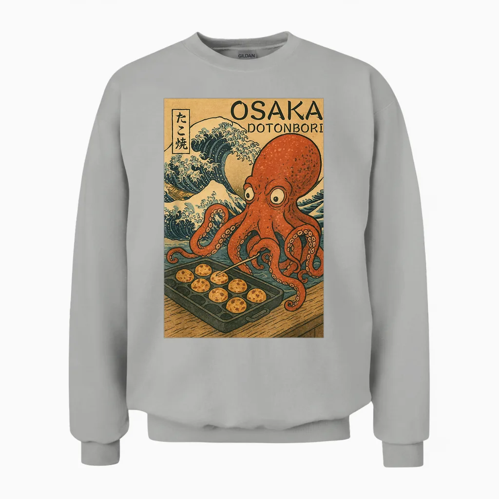 Japanese Design Osaka Takoyaki Wave Unisex Sweatshirt in Ash