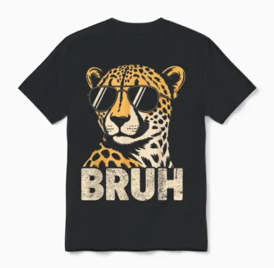 Bruh Cheetah Meme Graphic Tee Men Boys Animal Print Unisex T-Shirt - Black