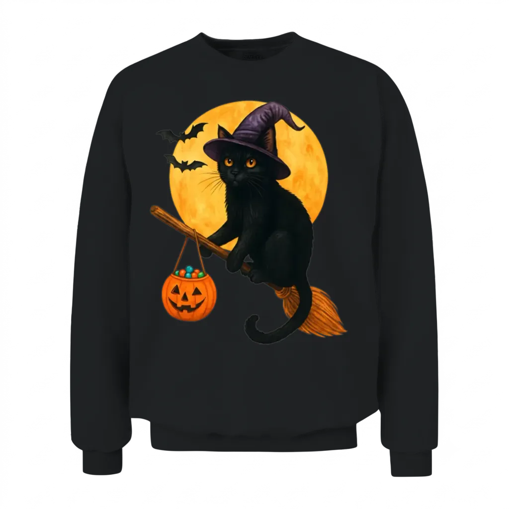 Cat Witch Hat Pumpkin Halloween Unisex Sweatshirt - Black