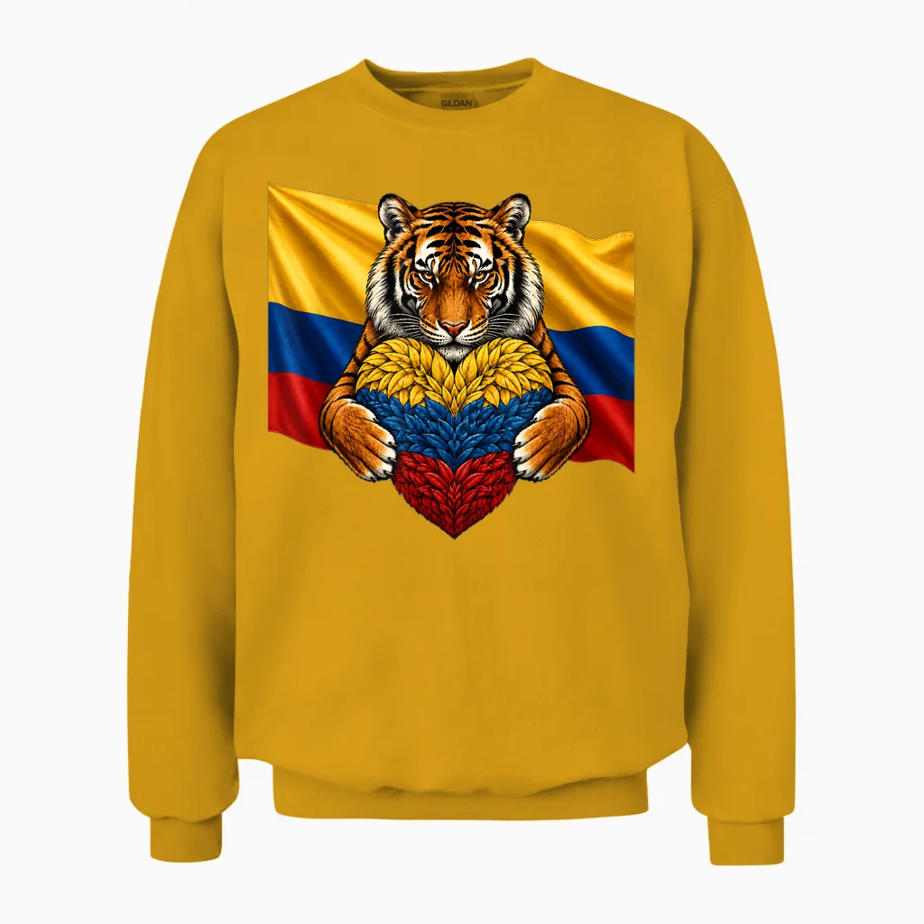 Colombia Flag Tiger Heart Colombian Pride Patriotic Heritage Unisex Sweatshirt in Gold
