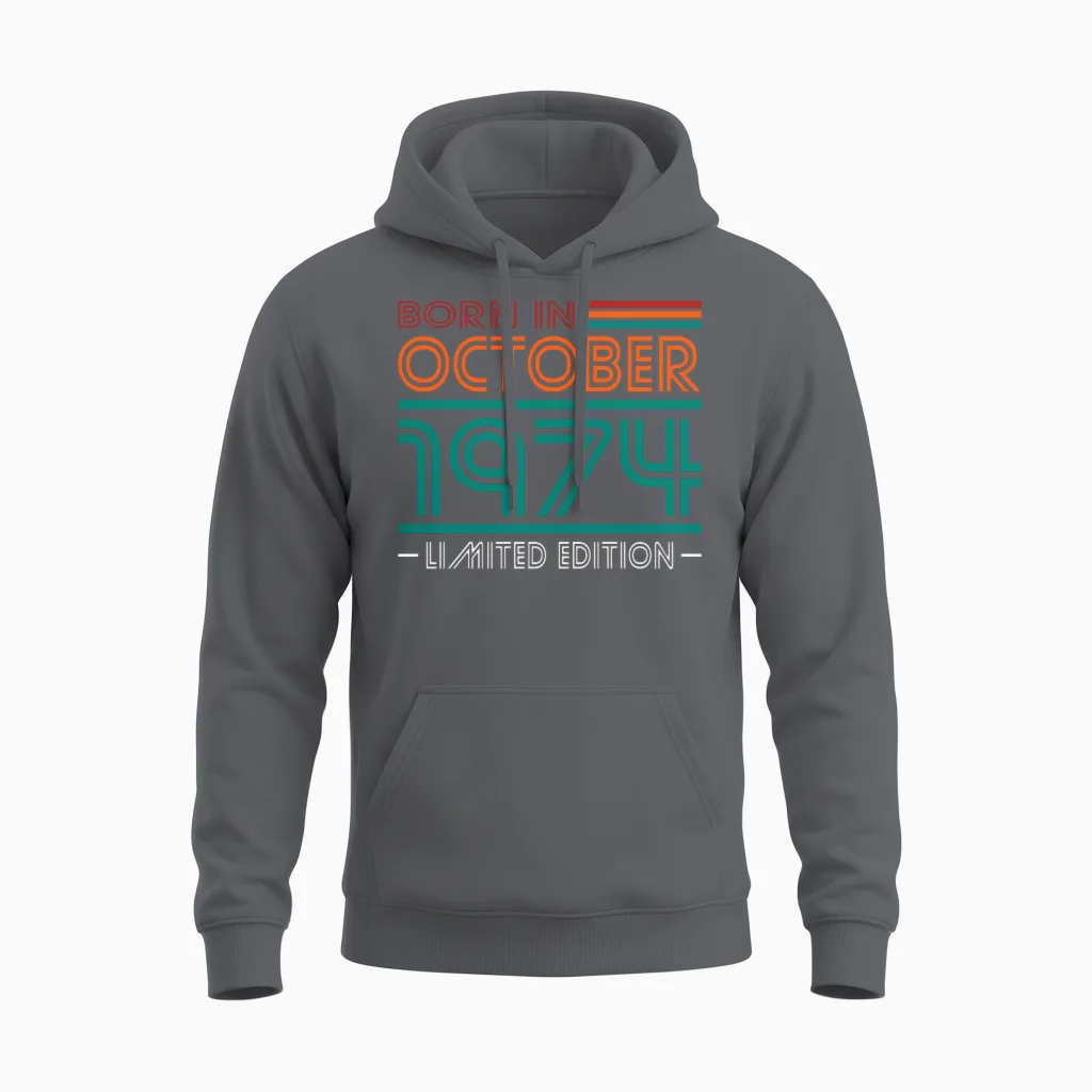 50th Birthday Vintage October 1974 Born in 1974 Unisex Hoodie in Charcoal