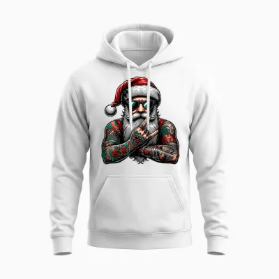 Tattooed Santa Claus Inked Xmas Men & Women Ugly Christmas Unisex Hoodie - White