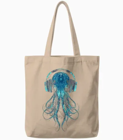 Octopus Animal Lovers Motif Music Headphones Illustration Squid Tote Bags - Natural