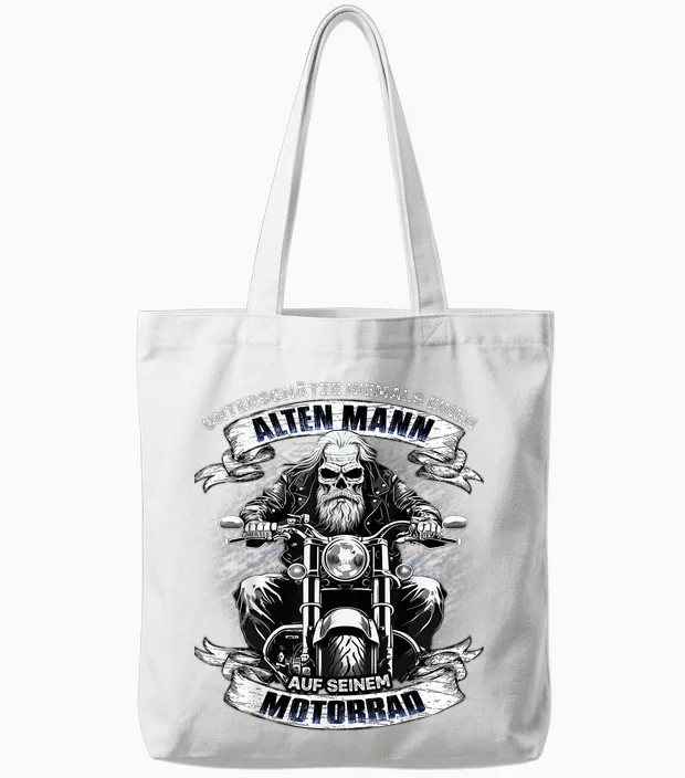 Unterschätze Niemals Einen Alten Mann Auf Seinem Motorrad Tote Bags in White