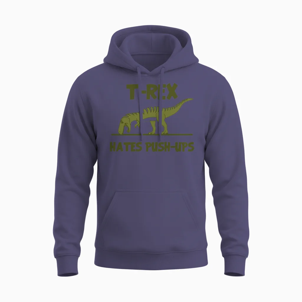 Tyrannosaurus Rex Dinosaur Hates Push Ups Unisex Hoodie in Heather Sport Dark Navy