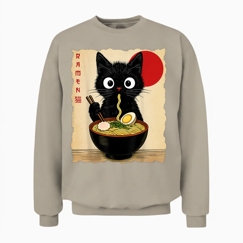 Anime Cat Ramen Japanese Funny Cat Graphic Tees Anime Gifts Unisex Sweatshirt in Sand