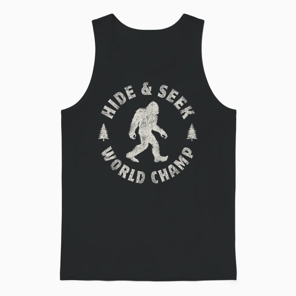 Bigfoot Hide and Seek World Champion Sasquatch Retro Vintage Unisex Tank Top in Black