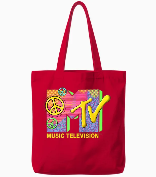 The Official Mtv Logo with Peace Love and Happiness Tote Bags in Red