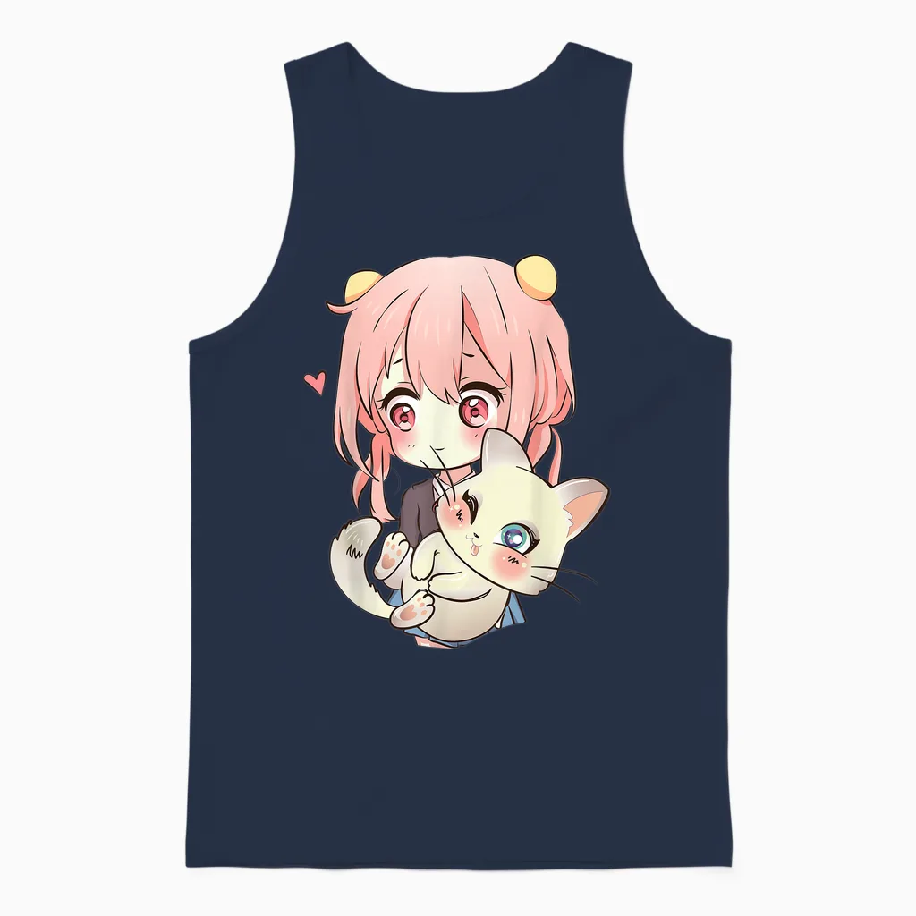 Anime and Cats Lover for Teen Manga Kawaii Graphic Otaku Unisex Tank Top in Navy
