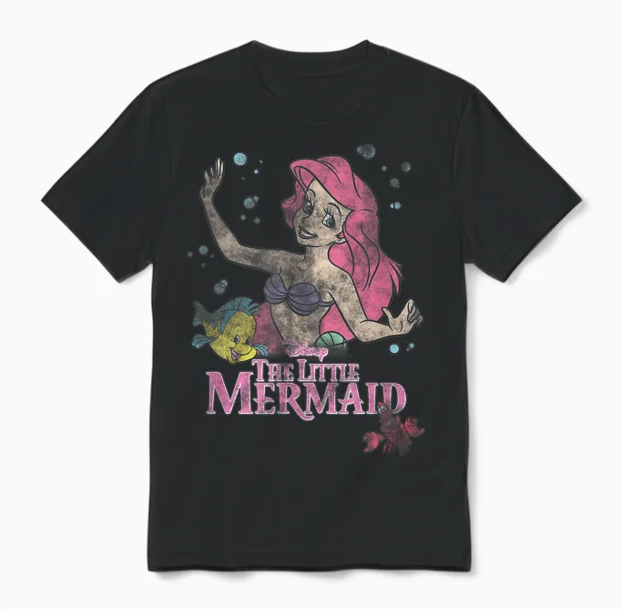 Disney the Little Mermaid Ariel Flounder Sebastian Vintage Unisex T-Shirt in Black
